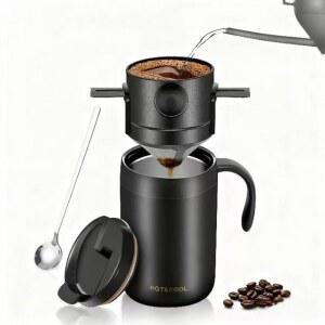 접이식 필터 및 교반기가 있는 휴대용 16온스 커피 메이커 위에 붓기 u2013 단열 스테인리스 스틸 여행 컵 뚜껑 종이 필요 없음, BPA 프리, 블랙 가정, 사무실, 캠핑, 배낭여행용
