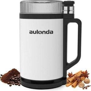 AULONDA 프로페셔널 전기 커피 그라인더, 10온스 대용량 또는 원두 및 향신료, 원터치 푸시 버튼 컨트롤, 스테인리스 스틸 블레이드가 장착된 350W 모터, 안전 뚜껑 잠금 장치 - 흰색