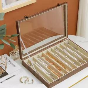 미오이니 유리 뚜껑 목걸이 정리함 투명 홀더 벨벳 진열함 보석 보관 스택 가능한 여성용 진열 케이스