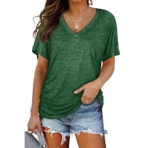 위홀 여성 여름 티셔츠 반팔 브이넥 돌먼 상의와 사이드 셔링 루즈핏 셔츠 패션