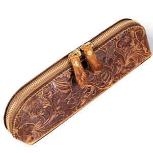 Gexmil 정품 가죽 펜 케이스, 풀 그레인 연필꽂이, 작업 및 사무용 수제 문구 가방, 빈티지 스타일, 플로럴 브라운