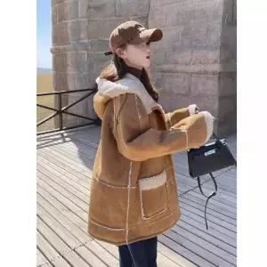 카키 빈티지 겨울 램스울 솜저고리 코트 기모 일체형 모피 털 여성패션 두툼한 DL4