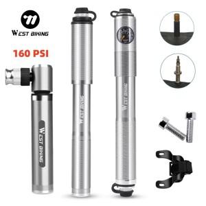 WEST BIKING 160PSI 자전거 펌프게이지 포함 휴대용 알루미늄 합금 펌프슈레이더 및 프레스타 밸브용 MTB