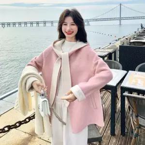 분홍 모직 동계 여성패션 야구 점퍼 토끼 귀 후드 리버시블 캐시미어 코트 DL4
