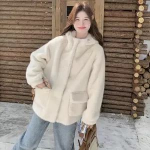 베이지 겨울 소프트 일체형 점퍼 귀 퍼 야구 코트 여성패션 후드 도톰 라이크 스웨이드 DL4