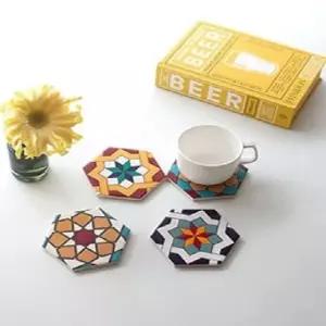 [블루마켓]타일 육각 코스타 4p set 티코스터 컵받침대 잔받침 컵받침홀더 우드컵받침