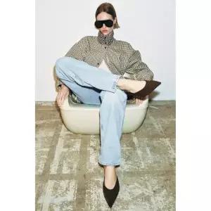 ZARA 퍼 디테일 레더 웨지 슈즈 - 브라운