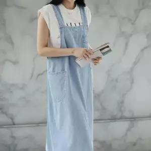 [다잇템]여자 빅사이즈 데님멜빵 주머니 롱원피스 (34701700A)