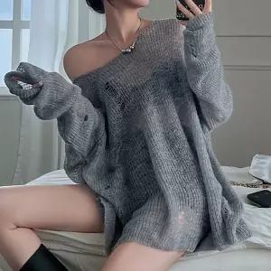 루즈핏 시스루 빈티지 헤짐 긴팔니트티셔츠 여름긴팔티 박스니트티