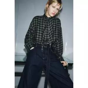 [국내배송] 자라 ZARA ZW 컬렉션 깅엄 체크 리본 셔츠 - 그린 블루 956989