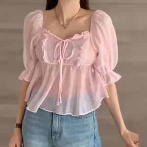 [신상오픈런]여성 프릴 리본 도트 쉬폰 블라우스 시스루 (37710973)