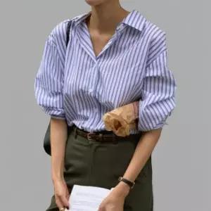 [신상오픈런]여성용 클래식 더블 스트라이프 루즈핏 셔츠 블라우스 (35832057)