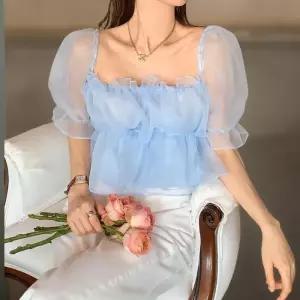 [신상오픈런]여성 시스루 볼륨 프릴 오간자 블라우스 (35401920)