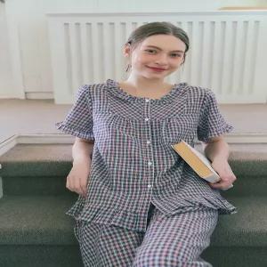 (여성잠옷)면혼방 지지미 선염 체크 여성 여름 파자마 (VPAS202W)