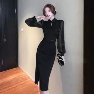 스커트 원피스 여사친 망사 빈티지 트렌디 반단추 벌룬소매 H라인 치파오 드레스 아이템 트임 추동 HT4