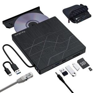 슈퍼 외장 CD DVD 드라이브, 이더넷 어댑터가 있는 USB 3.0 버너, 3개 및 TF/SD 카드 포트 2개, 휴대용 케이스가 노트북 PC Mac Windows Linux용 플레이어 리더 라이터 광 디스크 드라이브