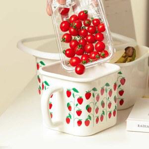 법랑용기 법랑컵 냉장고보관 레몬 딸기나무 사각컵 딸기 귀여운