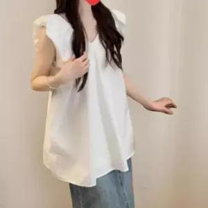 [신상오픈런]여성 프릴 소매 브이넥 블라우스 러블리 무지 디자인 (41315492)