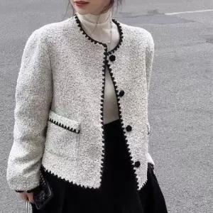 트위드자켓 여성 노카라 스티치 트위드 숏 자켓