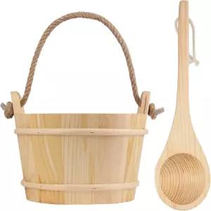 바이삼 4L 나무 사우나 버킷 및 국자 세트 천연 소나무 로프 손잡이가 있는 수제