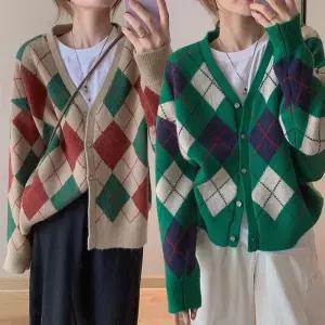 패턴 가디건 크롭가디건 라운드니트 아가일 브이넥가디건 여성