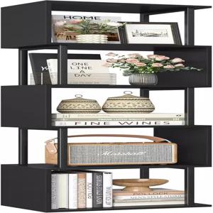 유송 책장 5단 기하학적 S자형 침실용 홈 오피스용 모던 우드 장식 디스플레이 선반 코너 블랙