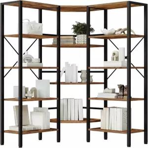 후브로 산업 코너 책장 5단 L자형 오픈 디스플레이 수납 선반 바닥 스탠딩 거실 침실 홈 오피스 러스틱