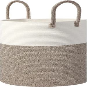 손잡이가 있는 대형 면 로프 보관 바구니 60리터 용량 화이트 브라운 15x20인치 거실 세탁 장난감 담요용