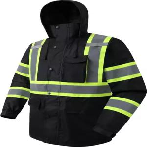 남성용 JKSafety 하이-비스 반사 안전 레인 재킷 방수 기어 농업용 낚시 작업용 HV 내부 메쉬 안감과