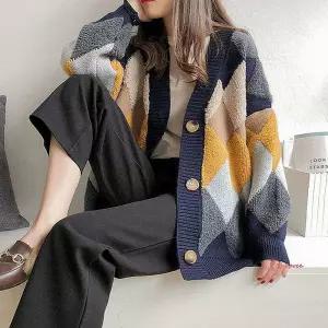 여성 3컬러 패턴 아가일 가디건 여자 카디건 와이드 가을 루즈핏 봄니트 미들jkl839