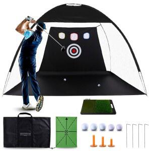 실내/외 스윙 연습을 위한 듀얼 매트, 티 3개 및 공 5개가 포함된 골프 연습 네트 u2013 트레이닝 네트, 뒷마당 드라이빙 치핑 세트, 휴대용 보조 도구, 남성용 훌륭한 선물
