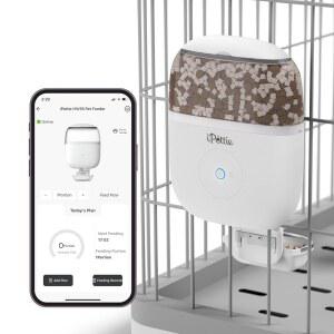 토끼, 고양이, 개, 햄스터를 위한 iPettie 스마트 WiFi 걸이 케이지 피더 - 애완동물 가게, 원격 및 부위 제어, 시간 제한 급식, 62온스 용량, 5-30mm 건조 식품과 호환 가능