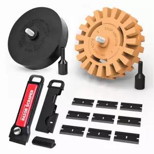 드릴 어댑터가 있는 EHDIS 데칼 리무버 지우개 휠 비닐 데칼용 플라스틱 면도날 스크레이퍼 접착 제거 도구