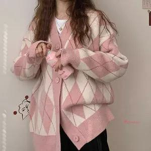 여성 긴팔 브이넥가디건 여자 남성 간절기 남자 배색 사무실 아가일 니트 루즈핏 병원 청바지 제작 자켓ghi