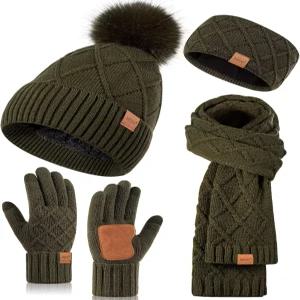 여성 겨울 모자 장갑 스카프 머리띠 세트 폼 비니 롱 터치스크린 이어 워머 4 in 1 따뜻한 선물