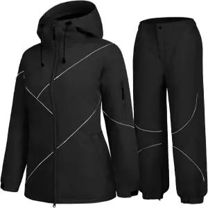 GEMYSE 여성 스키 스노우수트 방수 방풍 단열 재킷 및 바지 세트 겨울 따뜻한 스노보드 코트 후드 포함