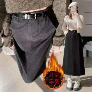스커트 모직 그레이 여친 롱 가을 겨울 중기장 도톰 정장 뒤 힙업 트렌디 A라인 트임 기모 아이템 HT4