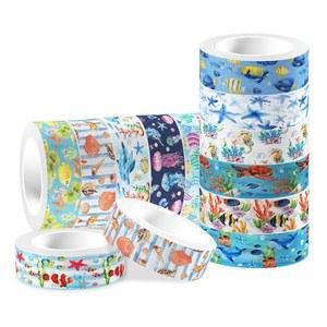 MOZUI 12개 오션 와시 테이프 세트 조개껍데기 상어 돌고래 소라 파도 패턴 마스킹 테마 장식 프린트 DIY, 플래너, 스크랩북, 파티 장식용