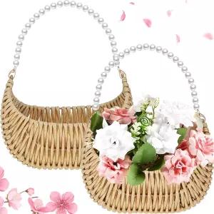 결혼식 플라워 걸 피크닉 가든 보관 및 홈 데코용 진주 손잡이가 달린 타이인 2개 라탄 바구니 작은 하프