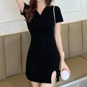 [신상오픈런]브이넥 반팔원피스 옆트임 숏기장 키작녀 슬렌더룩 (30487811)