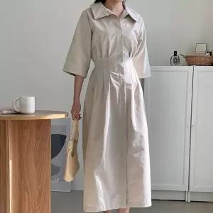 [신상오픈런]허리라인 칠부원피스 셔츠핏 플레어 미색 봄여름 (30487629)