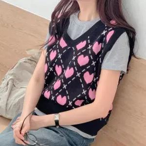 [신상오픈런]다이아 키치룩 아가일 핫핑크 브이넥조끼 하트 (29252166)