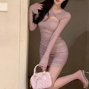 [신상오픈런]꼬임 긴팔 시스루 야시 타이트 파티복 셔링원피스 (29194467)