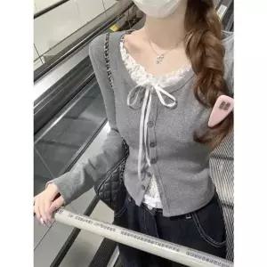 이중 리본 레이스 긴팔 티셔츠 리본 어드 겹 레이 티셔츠 스 여성 슬림핏