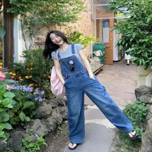 데님 오버롤 점프수트 여성용 여름 와이드 레그 루즈핏 캐주얼 청바지 멜빵바지 팬츠 스타일