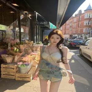 데님 여성 멜빵 반바지 점프수트 투톤 와이드 청바지 여름 캐주얼 오버롤 팬츠 루즈핏 스타일