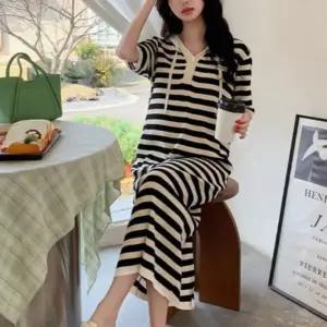 여성 캐주얼 데일리 반팔 단가라 후드 니트 롱 원피스