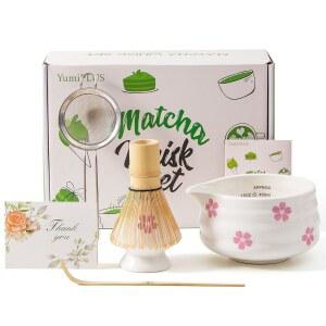 유미플러스 프리미엄 말차 세트, 스파우트와 대나무 거품기 세트가 포함된 세라믹 볼, 아침 식사/라떼용 벚꽃 키트, 차 스타터 만들기 귀여운 선물 세트(사쿠라)