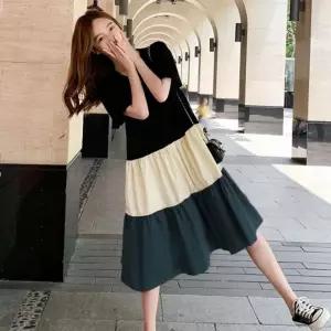 휴양지 바캉스 여성 반팔 롱 원피스 배색 여름 롱원피스 바캉스룩