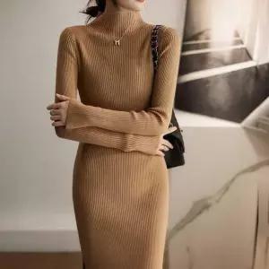 골지 니트 목폴라 슬림 일자핏 롱 드레스 여성 원피스